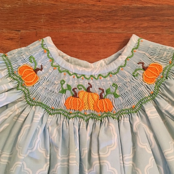 Shrimp & Grits Pumpkin Smocked Dress In Blue - 3T - Picture 4 of 8